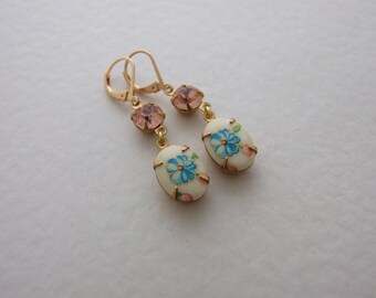 Pink and Light Blue Flower Cabochon Art Deco Style Dangle Earrings
