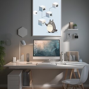 May include: A framed wall art print featuring a grey, round creature with a white belly standing beneath a network of white cubes connected by lines. Each cube displays a unique black icon, including a code bracket symbol, a checkmark, and a globe.
