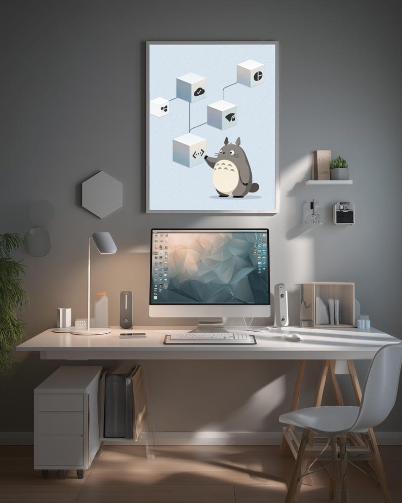 May include: A framed wall art print featuring a grey, round creature with a white belly standing beneath a network of white cubes connected by lines. Each cube displays a unique black icon, including a code bracket symbol, a checkmark, and a globe.
