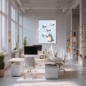 May include: A framed wall art print featuring a grey cartoon creature standing beneath a light blue background with a connected network of white cubes. The cubes display various black icons, and the creature reaches toward one of the cubes.