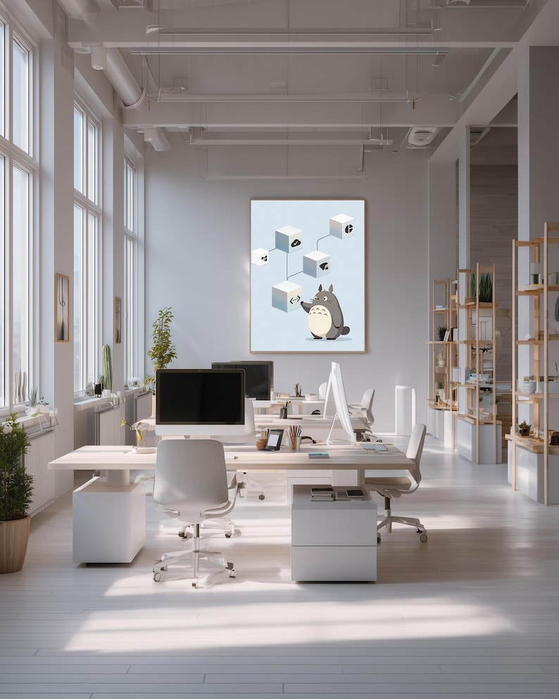 May include: A framed wall art print featuring a grey cartoon creature standing beneath a light blue background with a connected network of white cubes. The cubes display various black icons, and the creature reaches toward one of the cubes.