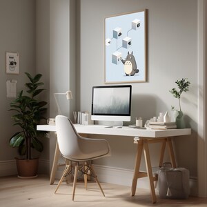 May include: A framed wall art print featuring a light blue background with a gray cartoon creature standing next to a vertical diagram of white cubes connected by lines, each cube displaying a unique black icon, displayed in a home office.