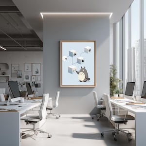 May include: A framed wall art print featuring a light blue background with a gray cartoon creature standing next to a vertical arrangement of white cubes connected by lines, each cube displaying a unique black icon including a code symbol.