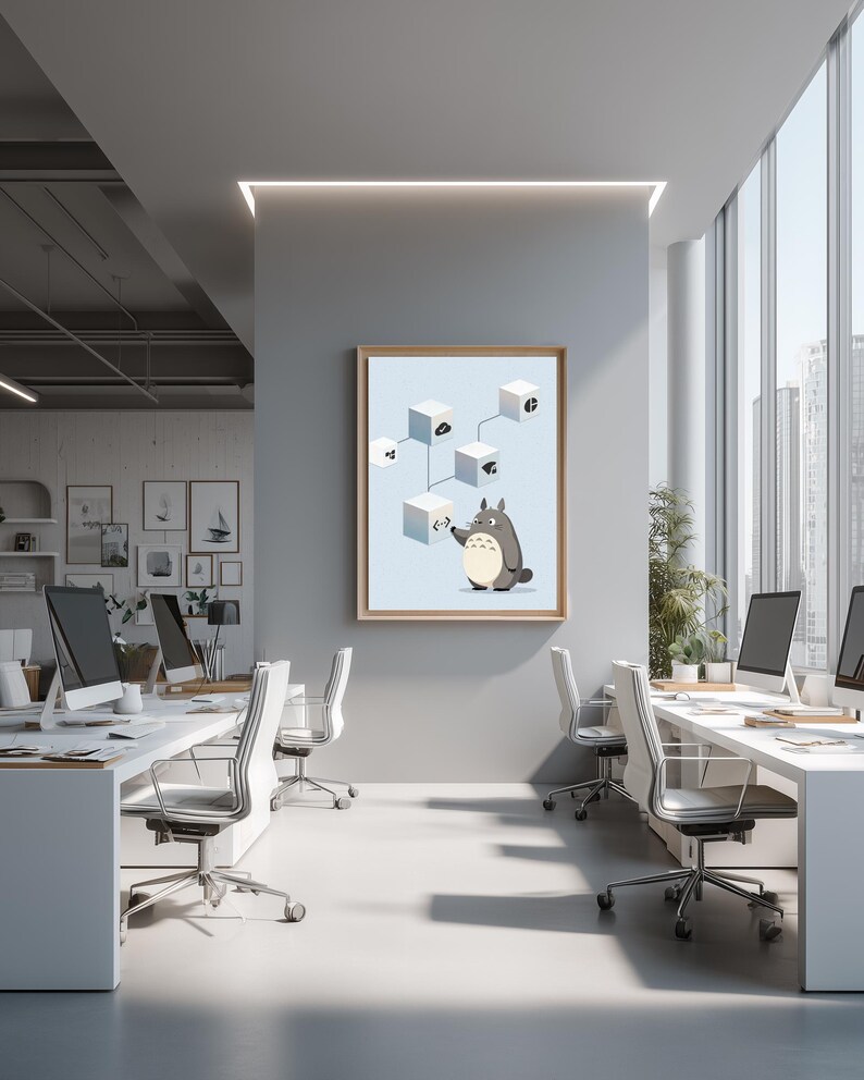 May include: A framed wall art print featuring a light blue background with a gray cartoon creature standing next to a vertical arrangement of white cubes connected by lines, each cube displaying a unique black icon including a code symbol.