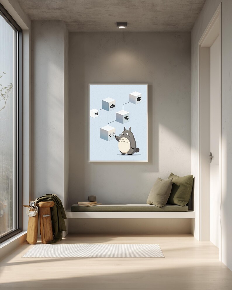 May include: A framed wall art print featuring a light blue background with a gray cartoon creature standing next to a floating white cube. The cube displays a code symbol, and several other white cubes with various icons are connected by lines.