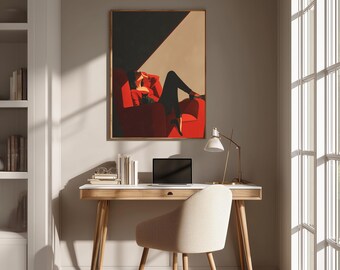 Red Armchair Woman and Cat Art Print, Fashion Illustration (Digital Download)
