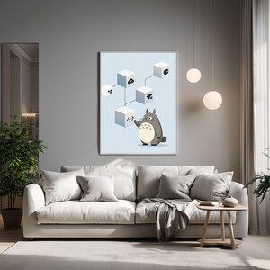 May include: A framed wall art print featuring a light blue background with a grey cartoon creature standing next to a series of interconnected white cubes. Each cube displays a unique black icon, including a code symbol, a checkmark, and a pie chart.