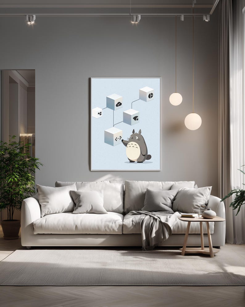 May include: A framed wall art print featuring a light blue background with a grey cartoon creature standing next to a series of interconnected white cubes. Each cube displays a unique black icon, including a code symbol, a checkmark, and a pie chart.