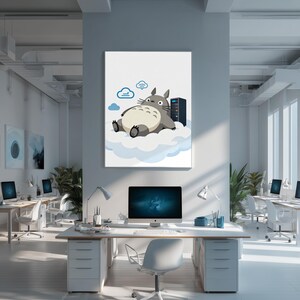 May include: A framed wall art print featuring a gray, round, cartoon creature with whiskers and a cream-colored belly resting on a large white cloud. Next to the creature is a black server tower, with blue cloud and Wi-Fi signal icons above.