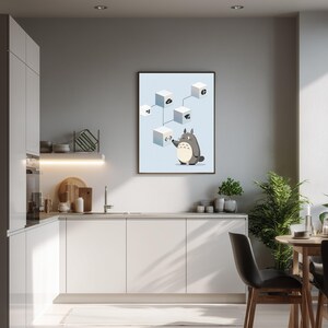 May include: A framed wall art print featuring a light blue background with a grey cartoon creature standing next to a series of white cubes connected by lines. The cubes display various black icons, including a checkmark, a cloud, and code brackets.