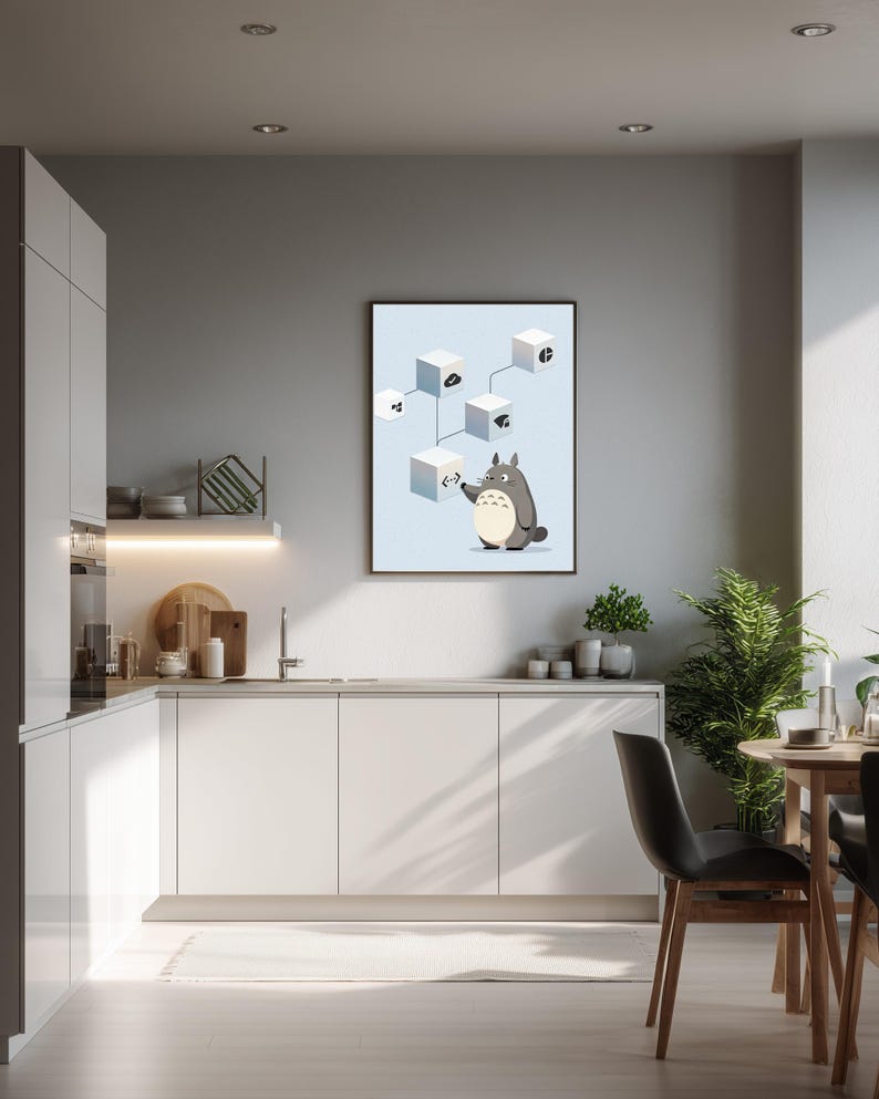 May include: A framed wall art print featuring a light blue background with a grey cartoon creature standing next to a series of white cubes connected by lines. The cubes display various black icons, including a checkmark, a cloud, and code brackets.