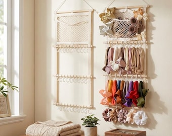 Wooden hairband storage rack with a hanging design and mesh bag; can hold more than 60 hair accessories