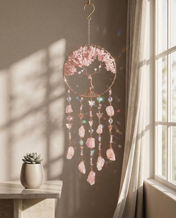 Crystal Wind Chime Dream Catcher Rose Quartz Butterfly Tree of Life Suncatcher