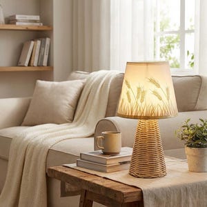 May include: A beige table lamp with a wheat stalk design on the lampshade. The lamp has a woven rattan base. The lamp sits on a wooden table with a beige runner. A beige sofa and a small potted plant are in the background.