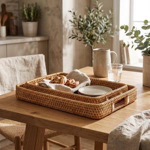 May include: A set of two rectangular woven rattan trays with integrated handles. The trays are nested together, with the inner tray containing a light-colored linen cloth, two small baked goods, and a small, round, off-white ceramic plate.