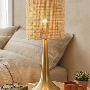 Simple rattan table lamp with linen lampshade and brass base, 14 inches