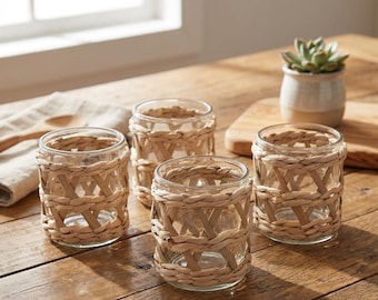 Woven seaweed tea candle holder, 2.75 inches x 3.15 inches