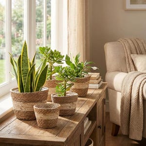 May include: A collection of potted plants in woven rope planters on a wooden cabinet. The plants include a snake plant, jade plant, and other greenery. The planters are various sizes and sit near a window with sheer curtains.