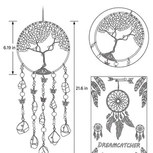 May include: A black and white illustration of a Tree of Life Dream Catcher. The main dream catcher is 21.6 inches long and 6.19 inches wide. It features a tree design within a circular frame, with hanging crystals and butterfly accents.