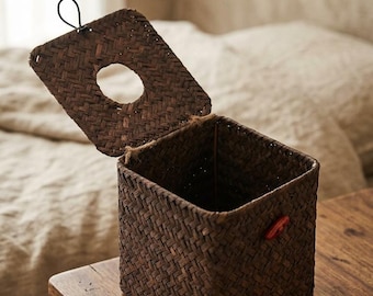 Natural seaweed tissue box cover, with lid, 5.5-inch square wicker woven box