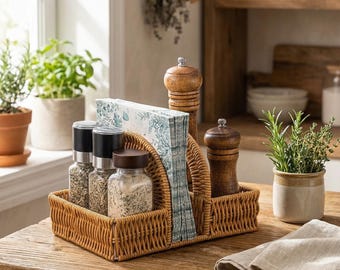 Woven Rattan Napkin Holder with Salt Pepper Storage Bag, Two Sizes