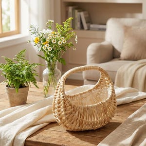 May include: A woven wicker basket with a curved handle sits on a wooden table. The basket is empty, with a light-colored lining. A vase of flowers and a potted fern are also on the table, with a cream-colored runner.