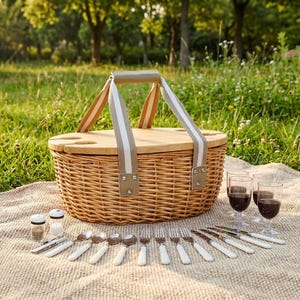 May include: A wicker picnic basket with a wooden lid and a striped handle, set on a blanket with wine glasses, cutlery, and salt and pepper shakers. The basket is surrounded by green grass and trees.