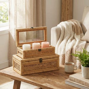 May include: Two woven rattan boxes, one atop the other, with a glass-topped lid on the upper box. The boxes contain three pillar candles in white, pink, and peach. The boxes are on a wooden table.