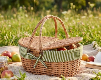 Classic Willow Picnic Basket, Dual-Entry Lid, Removable Liner, Hamper for Two
