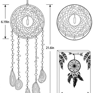 May include: Black and white dreamcatcher, 21.6 inches long and 6.19 inches wide, with a central web design and hanging stone and agate accents. Includes a circular design and a rectangular box with a dreamcatcher illustration.