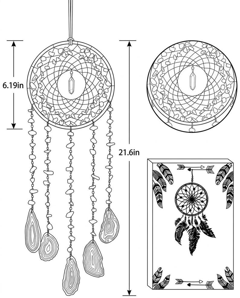 May include: Black and white dreamcatcher, 21.6 inches long and 6.19 inches wide, with a central web design and hanging stone and agate accents. Includes a circular design and a rectangular box with a dreamcatcher illustration.