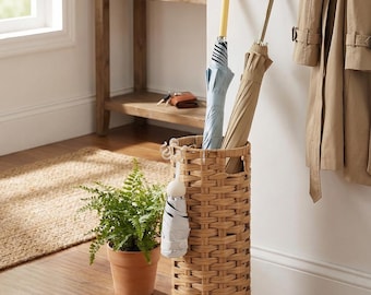Rattan Umbrella Stand with Steel Frame, 16.5" Entryway Organizer with Drip Tray & Removable Hooks
