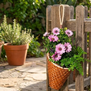 May include: A hanging woven basket filled with vibrant pink daisy-like flowers and green foliage, attached to a wooden fence. A terracotta pot with a green plant is in the background. The scene is set outdoors in a garden.
