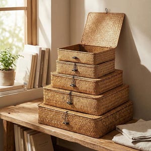 May include: A stack of woven rectangular storage boxes in varying sizes. The boxes are made of a light brown material and have hinged lids with dark metal clasps. One lid is open, revealing the interior. The boxes are arranged on a wooden surface.