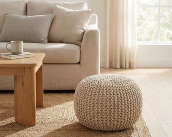 Knitted Cotton Rope Pouf Ottoman, 18 x 18 x 14 Inch Round