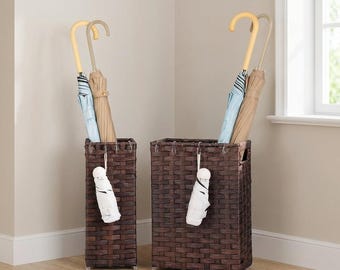 Woven Rattan Umbrella Stand with Hooks and Drip Tray, Square Entryway Organizer