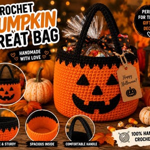 Crochet Pumpkin Treat Bag Pattern, Halloween Basket PDF, Beginner Amigurumi Jack-o-Lantern Candy Tote, Trick or Treat Bag, Instant Download