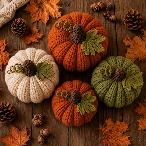 May include: Four crocheted pumpkins in orange, cream, and olive green colors. Each pumpkin features a dark brown stem, a light green crocheted leaf, and a small curly vine. The pumpkins are arranged on a dark wooden surface with scattered autumn leaves, pinecones, and acorns.