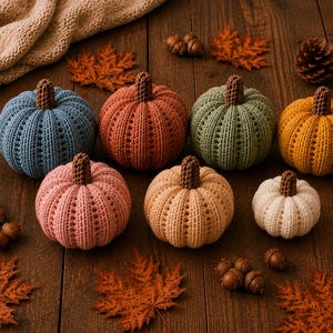 May include: A collection of seven crocheted pumpkins in various colors including blue, rust, sage green, mustard yellow, pink, tan, and white. Each pumpkin features a brown crocheted stem and a ribbed texture, arranged with scattered pinecones and leaves.