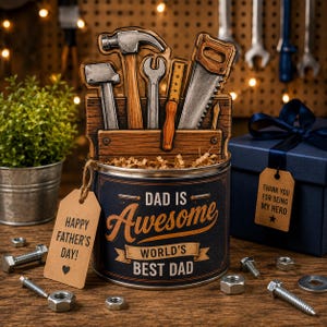 May include: A Father's Day gift set featuring a tin can with the words "DAD IS Awesome WORLD'S BEST DAD" and a wooden toolbox with toy tools. Includes a gift box with a tag that says "THANK YOU FOR BEING MY HERO".