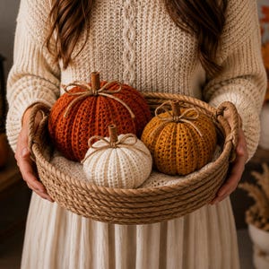 May include: A round, woven rope basket with two handles containing three crocheted pumpkins. The pumpkins are orange, mustard yellow, and cream, each topped with a small brown stem and a tied piece of thin, natural-colored twine.