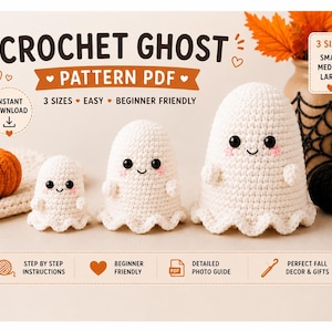 Spökvirkmönster: Enkel Amigurumi-handledning i PDF-format för nedladdning | Halloween-spökplysch, 3 storlekar S M L, nybörjarvänlig