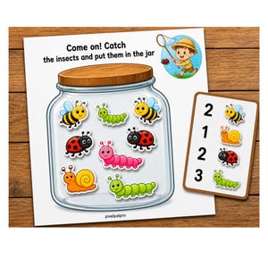 Attività di matematica con i barattoli di insetti e abbinamento numerico stampabile per bambini / Attività pratica di conteggio per i più piccoli / Matematica degli insetti per la scuola materna / Scheda di lavoro Montessori sugli insetti