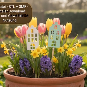 May include: A terracotta pot overflowing with colorful spring flowers, including yellow daffodils, purple hyacinths, and pink and yellow tulips. Two house-shaped decorations are placed among the flowers. Text on the image reads "3D Datei - STL + 3MF - Digitaler Download Privat und Gewerbliche Nutzung."