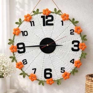 Horloge murale au crochet, motif PDF – Tutoriel 3D d'horloge murale florale au point de pop-corn avec vidéo, décoration d'intérieur moderne faite main