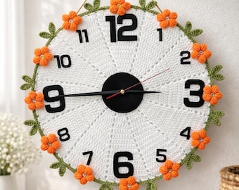 Crochet Wall Clock Pattern PDF – 3D Floral Popcorn Stitch DIY Clock Tutorial with Video, Modern Handmade Home Decor