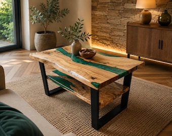 Table basse en bois d'olivier époxy avec étagère - Meubles en résine faits main, décoration de salon moderne et rustique, table en bois et résine