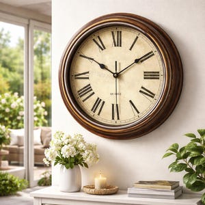 May include: A circular wall clock with a dark brown wooden frame and a cream-coloured face. The clock has black Roman numerals and black hands. The word "QUARTZ" is printed at the bottom of the clock face. The clock is mounted on a white wall.