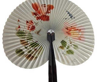 Vintage Chinese Folding Fan Hand Painted Floral Paper Accordion Black Handle PRC