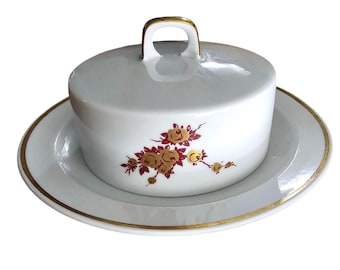 Henneberg Porzellan Helena Round Butter Dish Lid Gold Rose Floral Vintage